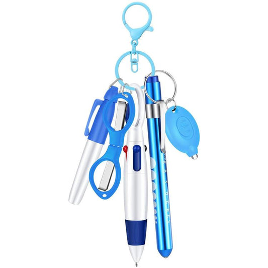 Blue nurse keychain pen set with flashlight, foldable scissors, and capless ballpoint pen.