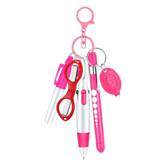 Pink nurse keychain pen set with flashlight, foldable scissors, and ballpoint pen with light dots.