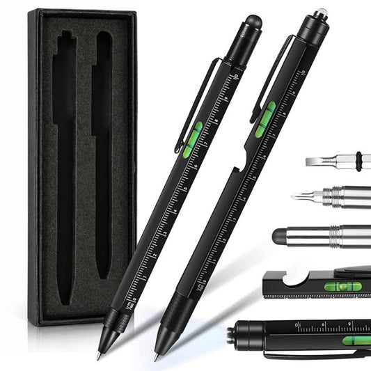 Multifunction metal ballpoint pen set with stylus and ruler, black pens in black gift box.