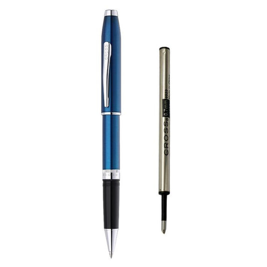 Blue rollerball pen with metal screw cap and black grip, tapered tip.