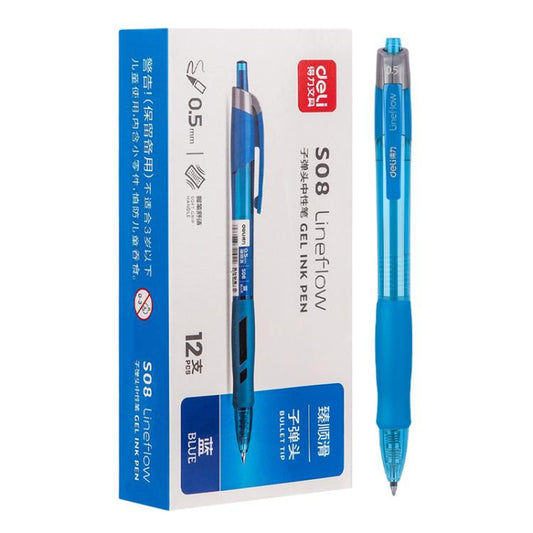 Retractable blue gel pen with 0.5 mm smooth writing tip and clip