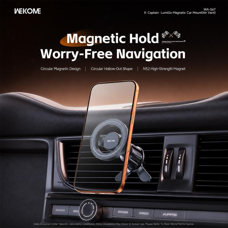 Magnetic car air vent phone mount clipped to dashboard vent with phone attached