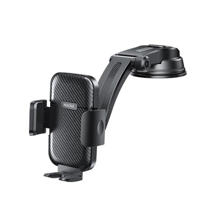 Carbon-fiber style suction-cup car phone holder with foldable mechanical arm, black