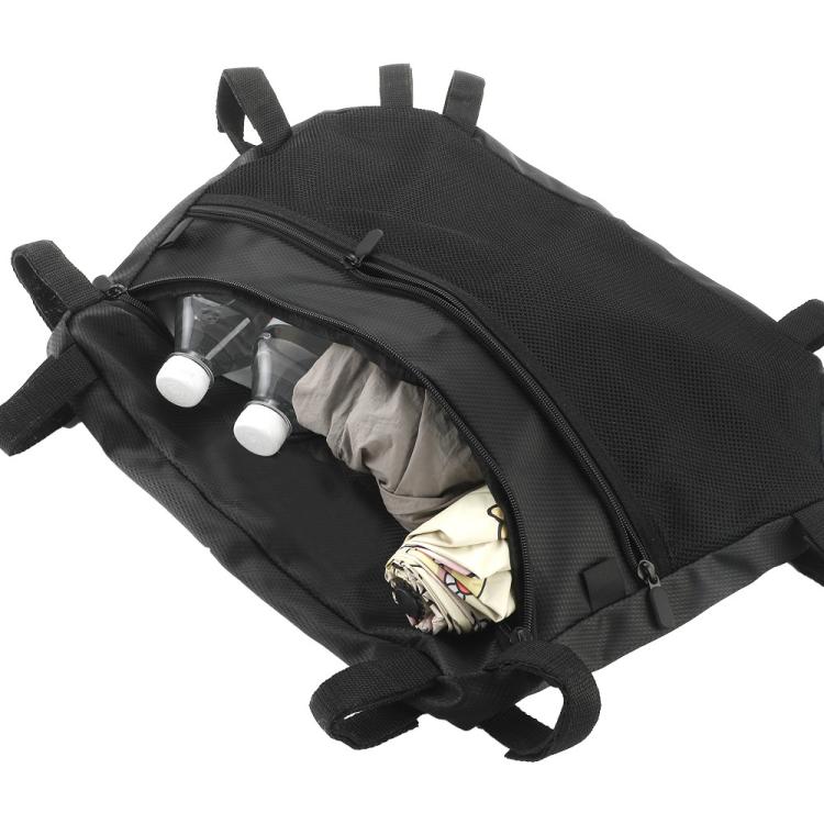Black nylon ATV storage bag with open top, zipper closure, and padded side attachment straps