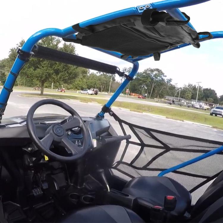 ATV roll cage storage bag mounted on blue/black UTV, visible front zip pocket