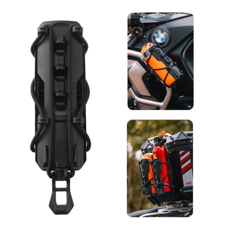 Black motorcycle water bottle holder with adjustable straps and mounting bracket base.