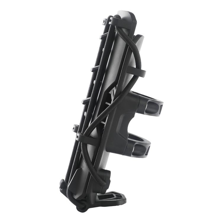 Black crash-bar bottle holder shown from the side with strap webbing and base feet.