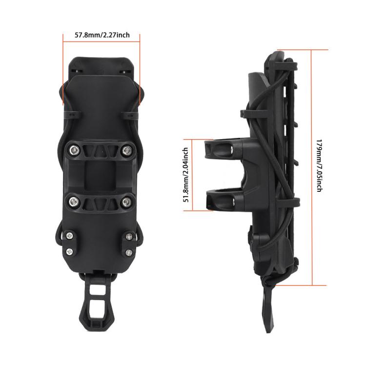 Black water bottle holder with dimension view, front and side mounting bracket.