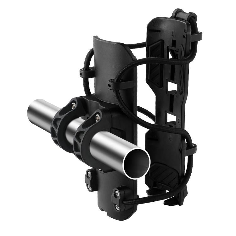 Black bottle holder with metal-style tube opening and clamp-style mounting hardware.