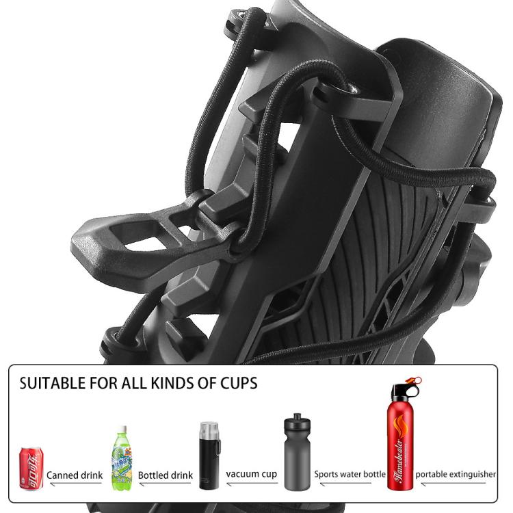 Black bottle holder close-up with curved strap, textured grip, and side attachment loop.