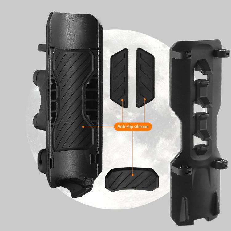 Black bottle holder with anti-slip grip pads and adjustable mounting clamp pieces.