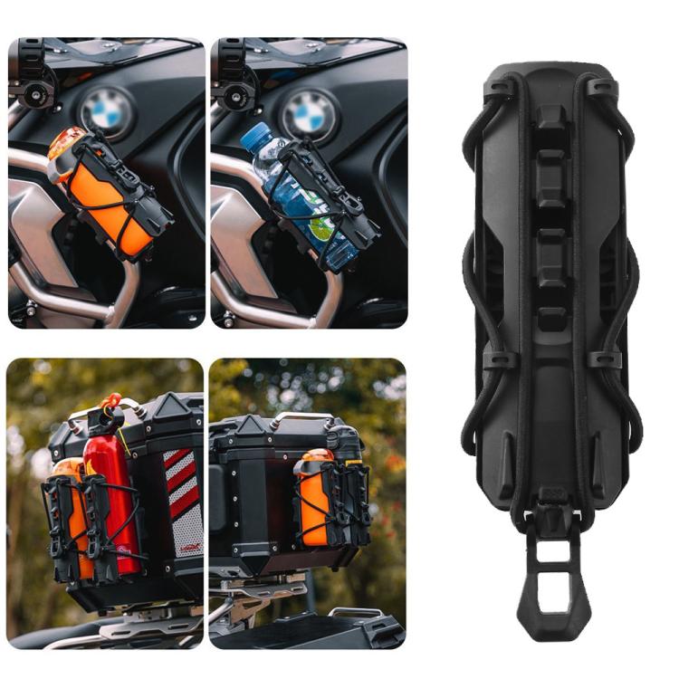 Black motorcycle bottle holder on crash bars with front opening and bottom strap loop.