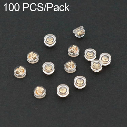 Clear silicone earring backs with gold-toned metal core, round locking discs, 100-pack