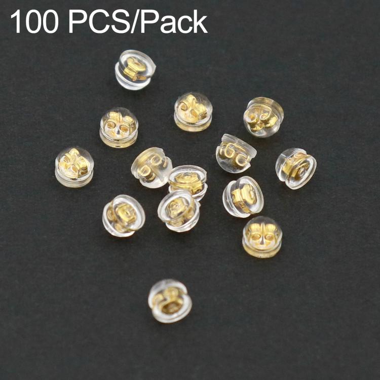 Clear silicone earring backs with gold-toned metal cores, round snap-lock pieces, 100-pack