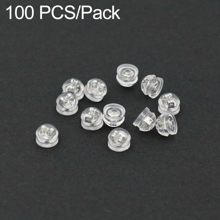 Clear silicone earring backs with silver-toned metal cores, round locking covers, 100-pack