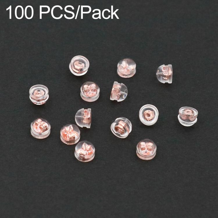 Clear silicone earring backs with rose-gold metal cores, snap-lock discs, 100-pack