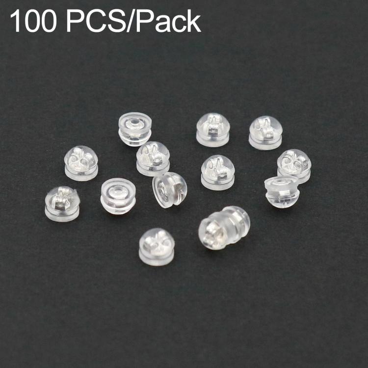 Clear silicone earring backs with silver metal cores, round snap-lock pieces, 100-pack