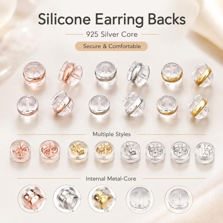Silicone earring backs assortment with clear caps and mixed metal cores in gold and silver