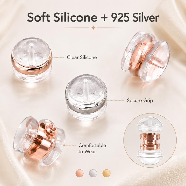 Clear silicone earring backs with rose-gold and silver metal cores, secure grip caps
