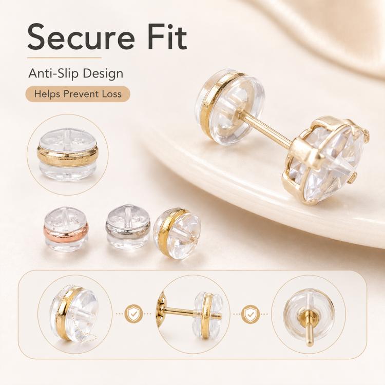 Silicone earring backs with gold-tone post, anti-slip locking cover, secure fit