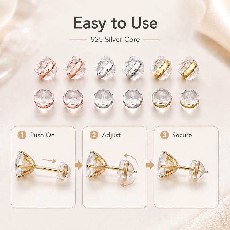 Silicone earring backs with 925 silver core, adjustable snap-lock design, 100-pack