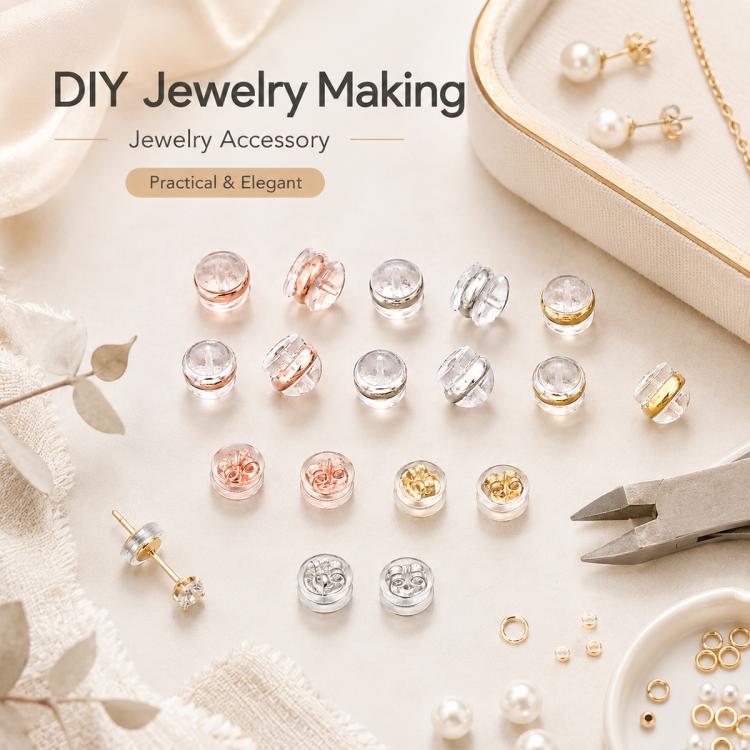 Silicone bullet earring backs, locking safety stoppers, assorted gold and clear