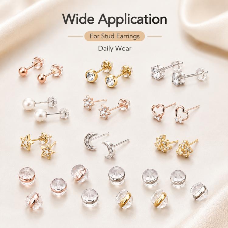 Silicone locking earring backs with stud earrings, bullet-style in gold and clear