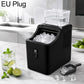 Black cube ice maker with EU plug, open bin with ice cubes and ice scoop