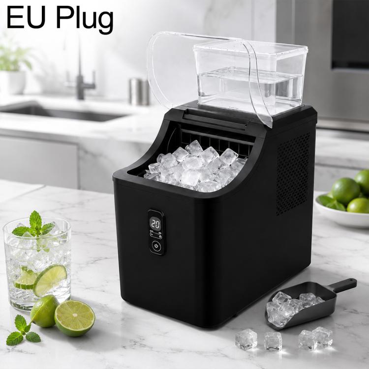Black cube ice maker with EU plug, open bin with ice cubes and ice scoop