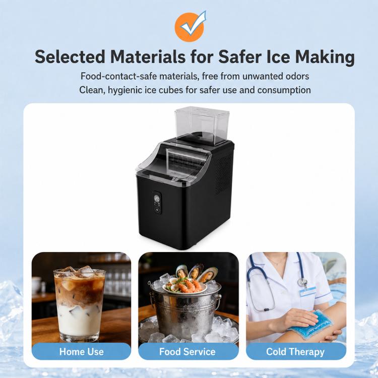 Black cube ice maker with clear bin and safe-ice material icons