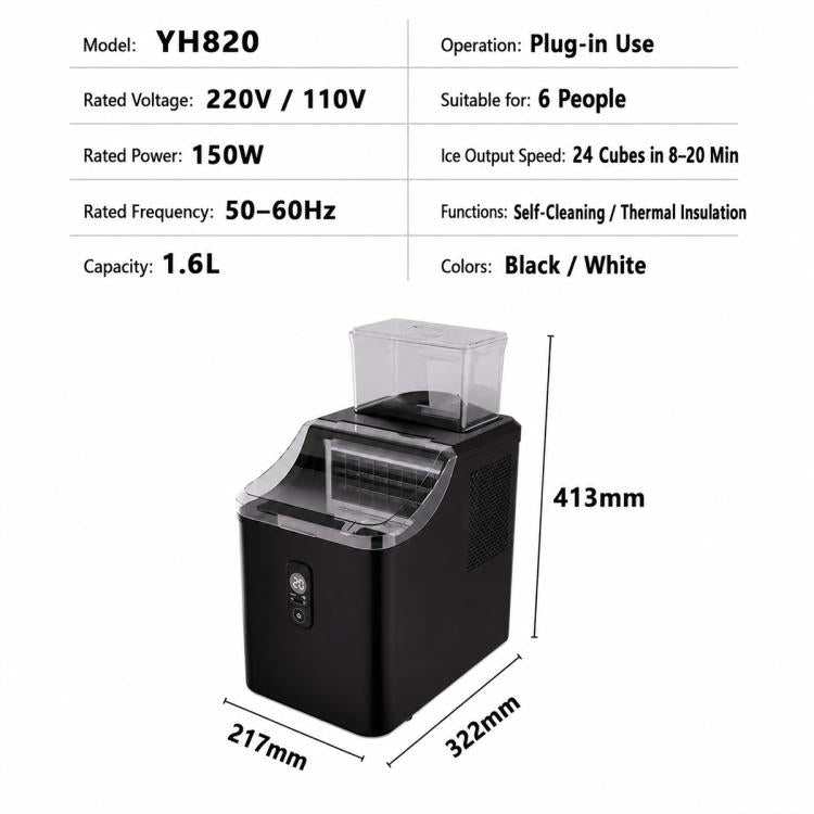 Black cube ice maker with clear lid; model YH820 size and voltage specs