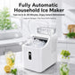 White countertop cube ice maker with open lid and ice cubes