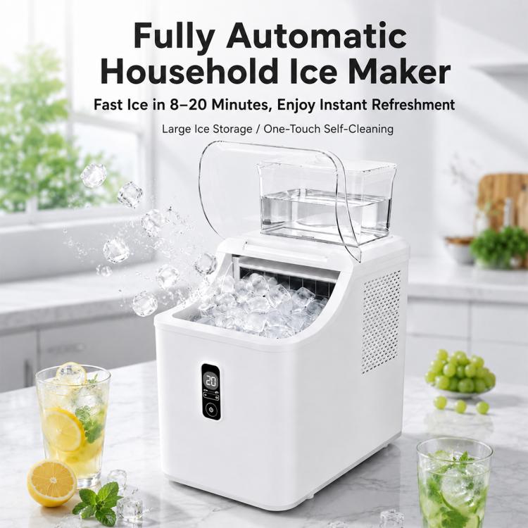 White countertop cube ice maker with open lid and ice cubes