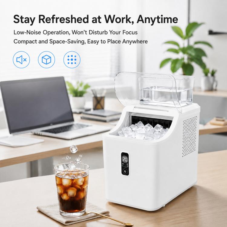 White countertop cube ice maker with open lid, ice cubes in bin and glass of iced drink