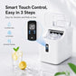 White cube ice maker with digital touch panel, open bin and ice cubes