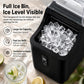 Black cube ice maker with transparent ice bin and ice cubes filling the tray