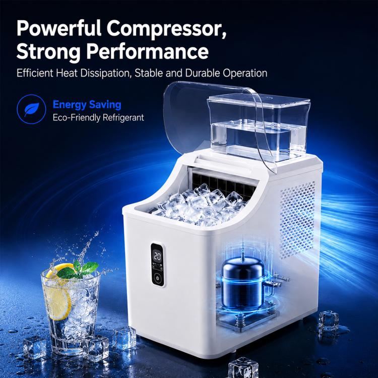 White cube ice maker with open top, ice cubes inside