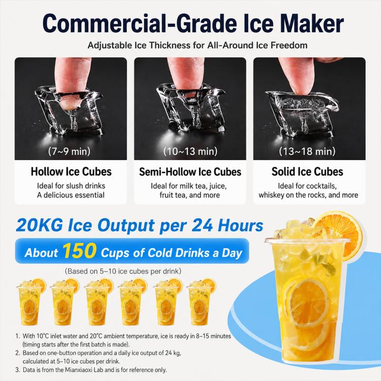 Ice maker producing hollow, semi-hollow, and solid ice cubes in glasses
