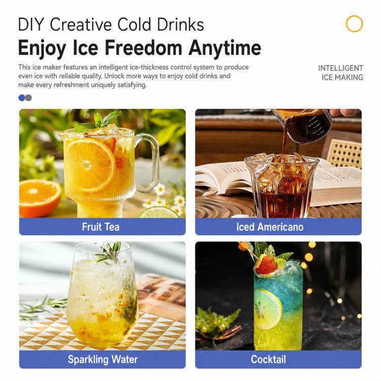Glasses of fruit tea, iced americano, sparkling water, and cocktail with ice