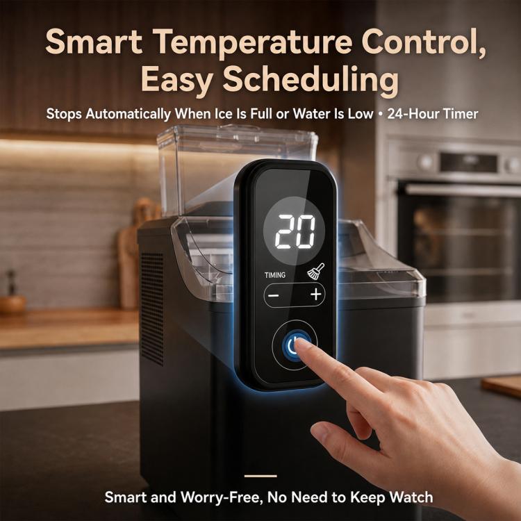 Black cube ice maker with digital control panel; finger pressing timer