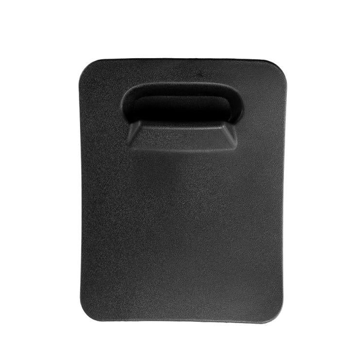 Engine bay access cover with rectangular opening, dark plastic panel