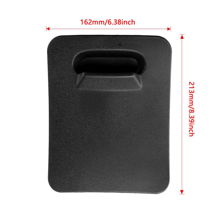 Engine access panel, dark textured plastic, recessed handle for access