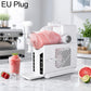 White automatic shaved ice machine with EU plug, clear hopper and ice chute
