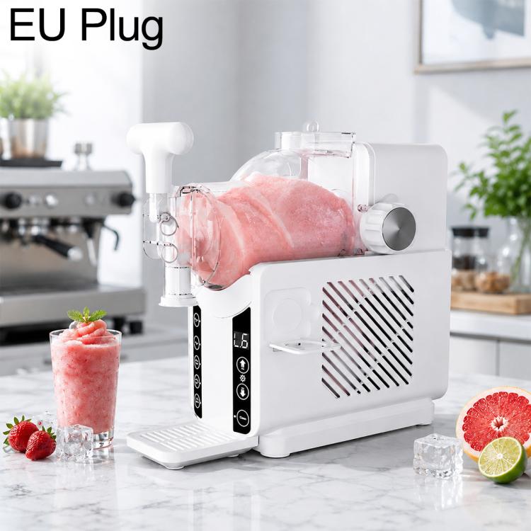 White automatic shaved ice machine with EU plug, clear hopper and ice chute