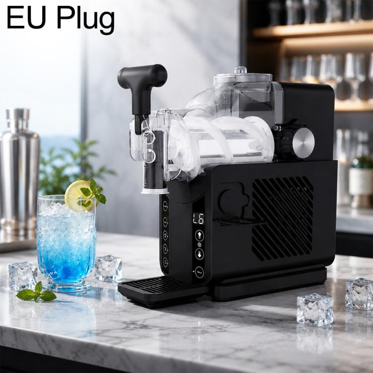 Black automatic shaved ice machine with EU plug, clear hopper and side ice outlet