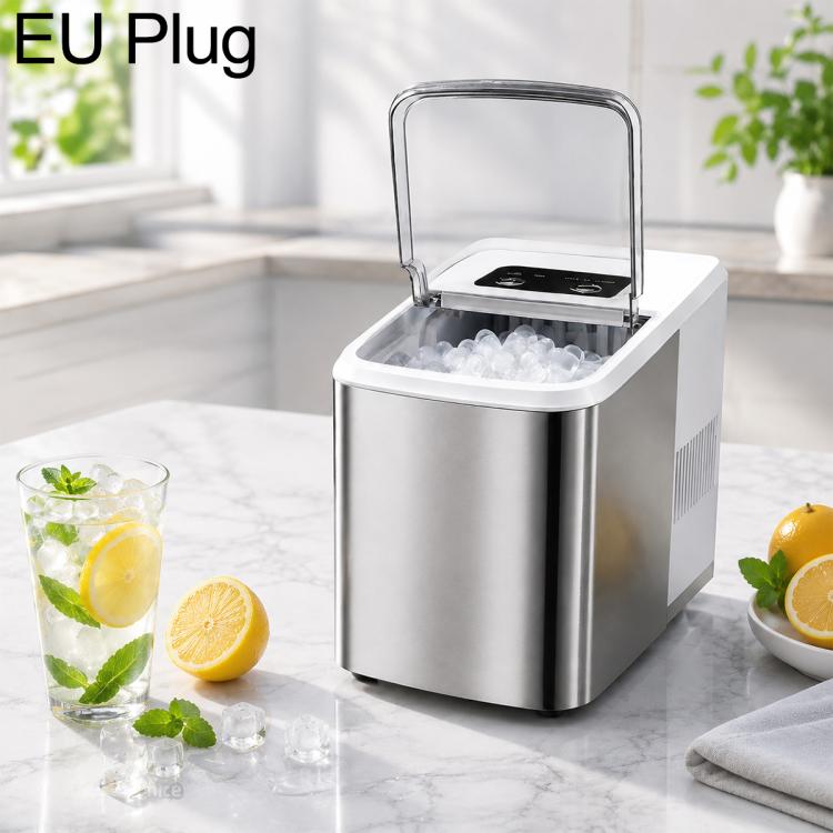 Small bullet ice maker with EU plug, stainless housing and open ice bin
