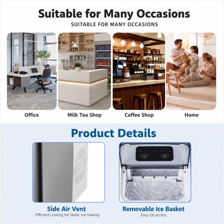 Ice maker product details: side air vent and removable ice basket feature panels.