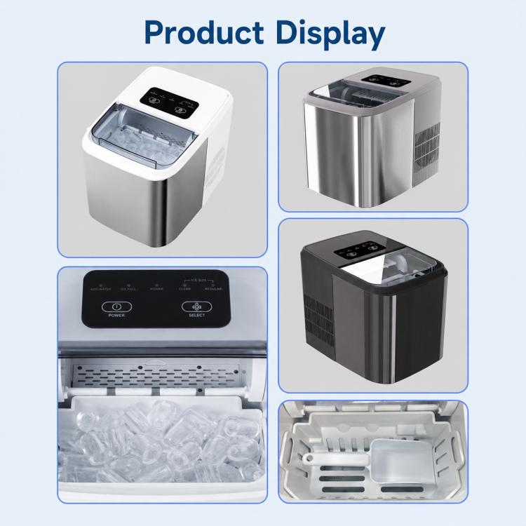 Ice maker product display showing white and black units with open ice basket.