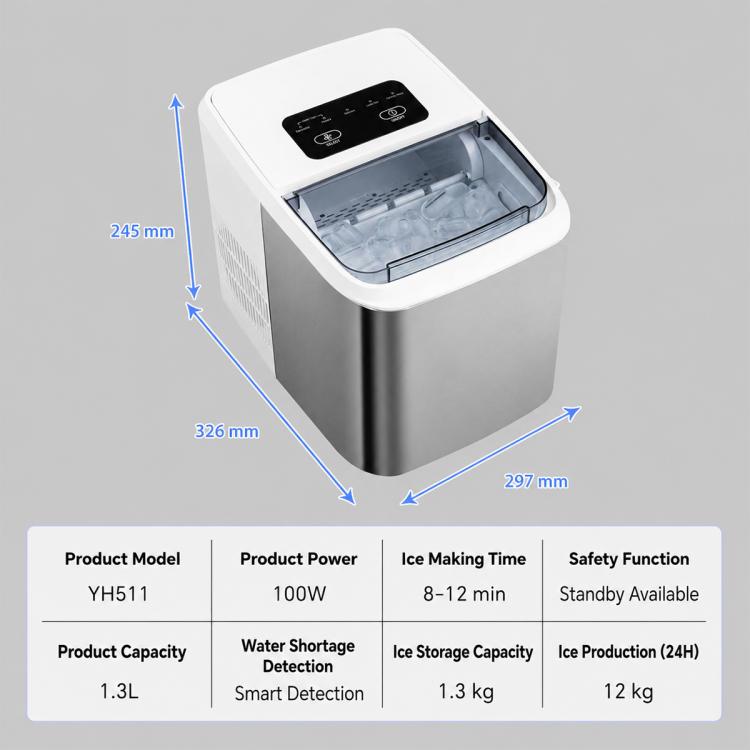 Countertop ice maker size chart with labeled dimensions and production capacity info.