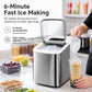 Small bullet ice maker with stainless body, lid open showing bullet ice